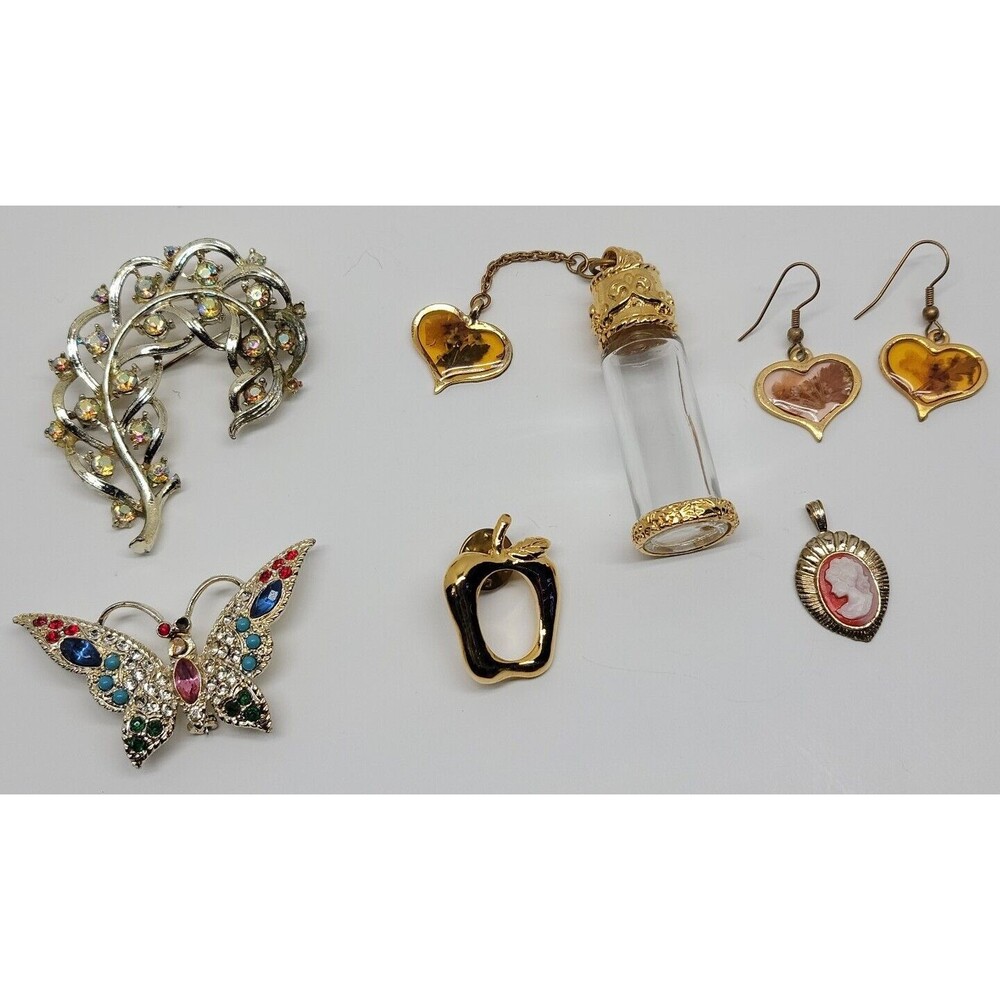 Vtg Jewelry Lot Potion Bottle Pendant & Earrings Butterfly Apple Leaf Pin Brooch